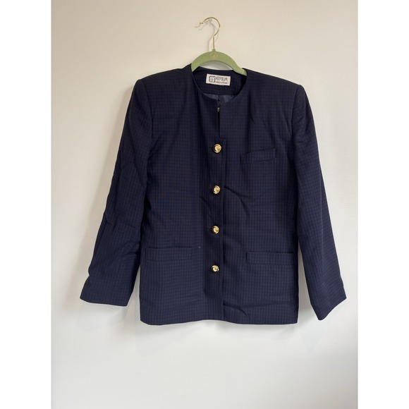 Vintage Atrium Collection Navy Checkered‎ Gold Button Skirt Suit Size 10 Pockets - Picture 1 of 12